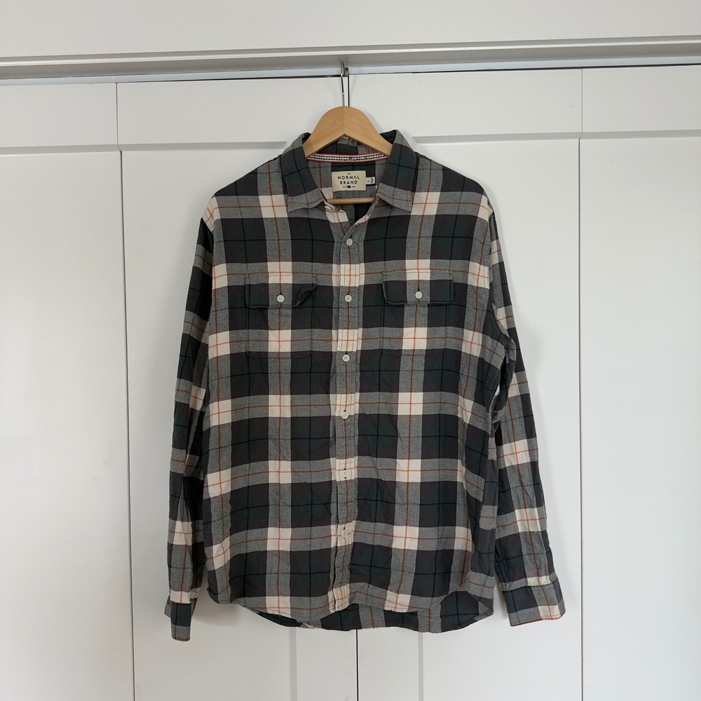 Mens Normal Brand Plaid Flannel Shirt Size L Grey Orange Button Down 100% Cotton